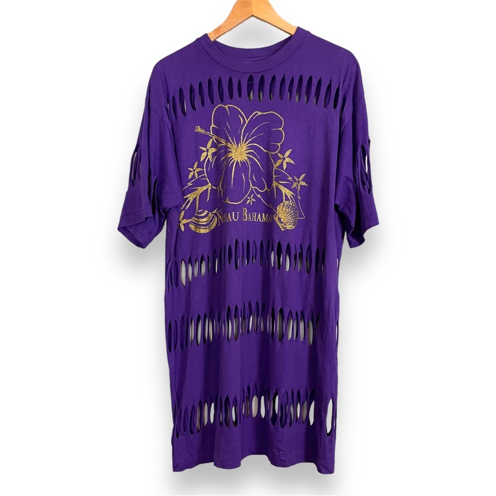 Bahamas Tourist Bathing Suit Cover-Up Shirt Single Stitch Cut Outs Long‎ Glitter